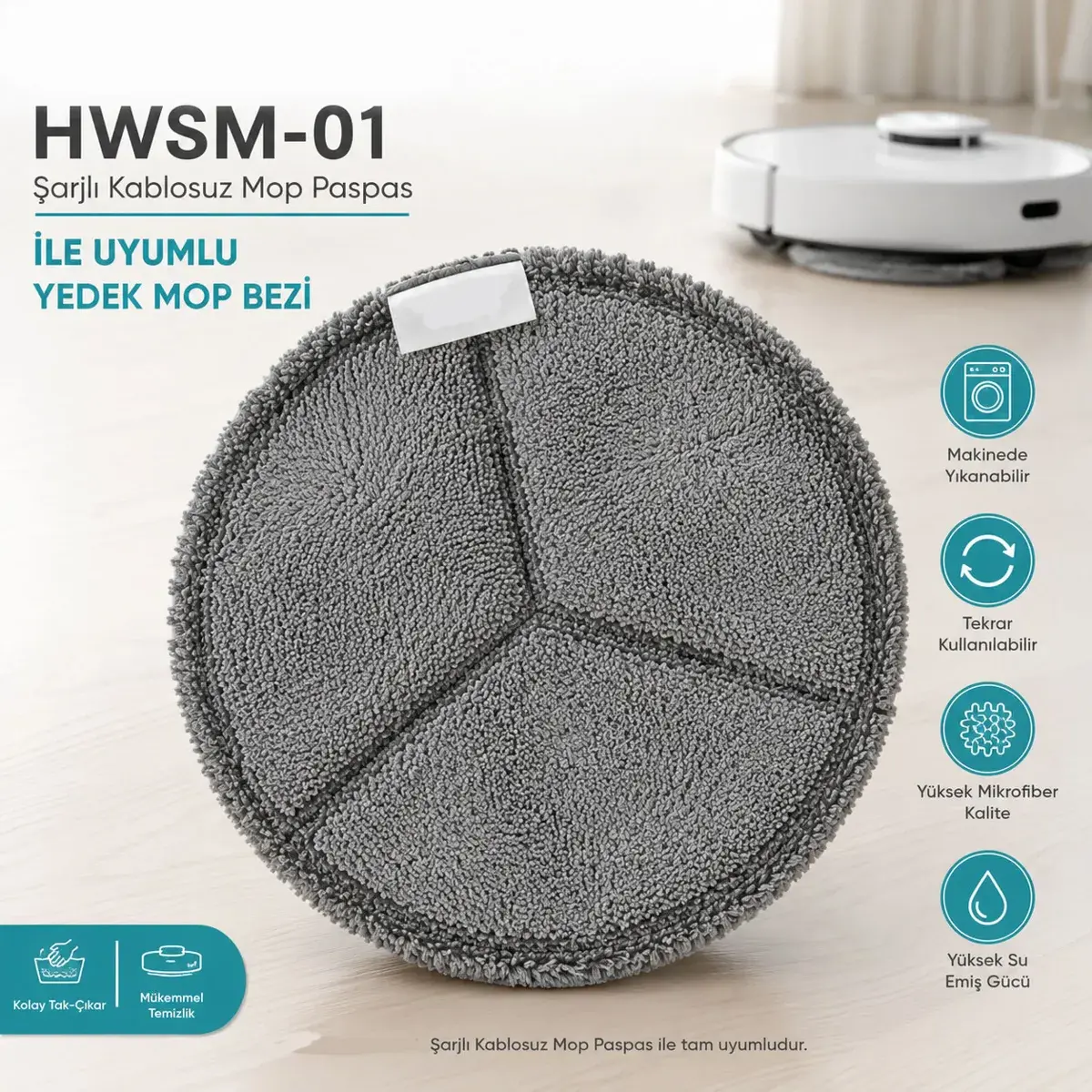 Kumtel Hwsm-01 Şarjlı Kablosuz Mop Paspas İle Uyumlu Yedek Mop Bezi - 2 Adet